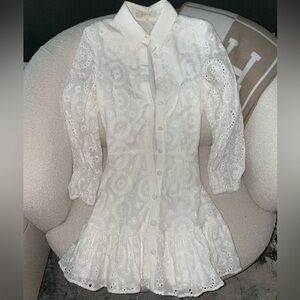 White Eyelet Button Dress with‎ Waist Tie